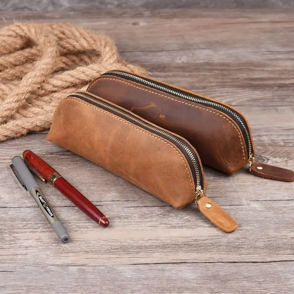 2024 Vintage Leather Pencil Bag Simple Stationery Hoder Pen Case Storage Bag Zipper Pencil Pouch Glasses Box School Supplies