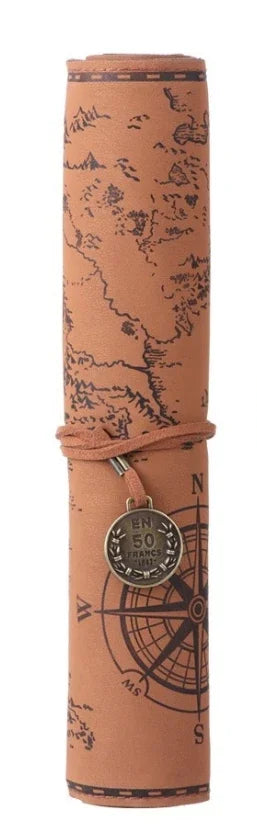 1PC Creative Treasure Map Retro Pencil Case Leather Large Capacity Roll Pencil Bag Embossed Buckle Simple Stationery Box Roll